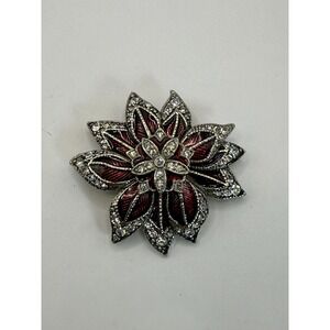Vintage Monet Red Enamel Rhinestone Floral Brooch – Silver Tone Statement Pin